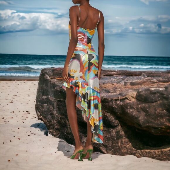 NWOT Etro Asymmetrical Artistic Floral Print Sleeveless Ruffle Dress‎ Size 46/10 - Picture 5 of 13